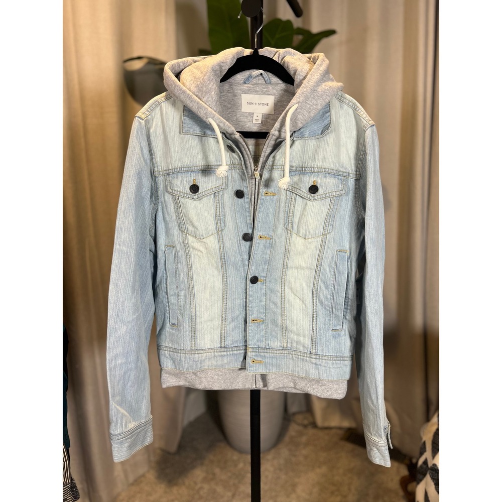 Sun + Stone Womens Layered Denim Jacket Mist Wash Grey Hooded Size Medium NEW